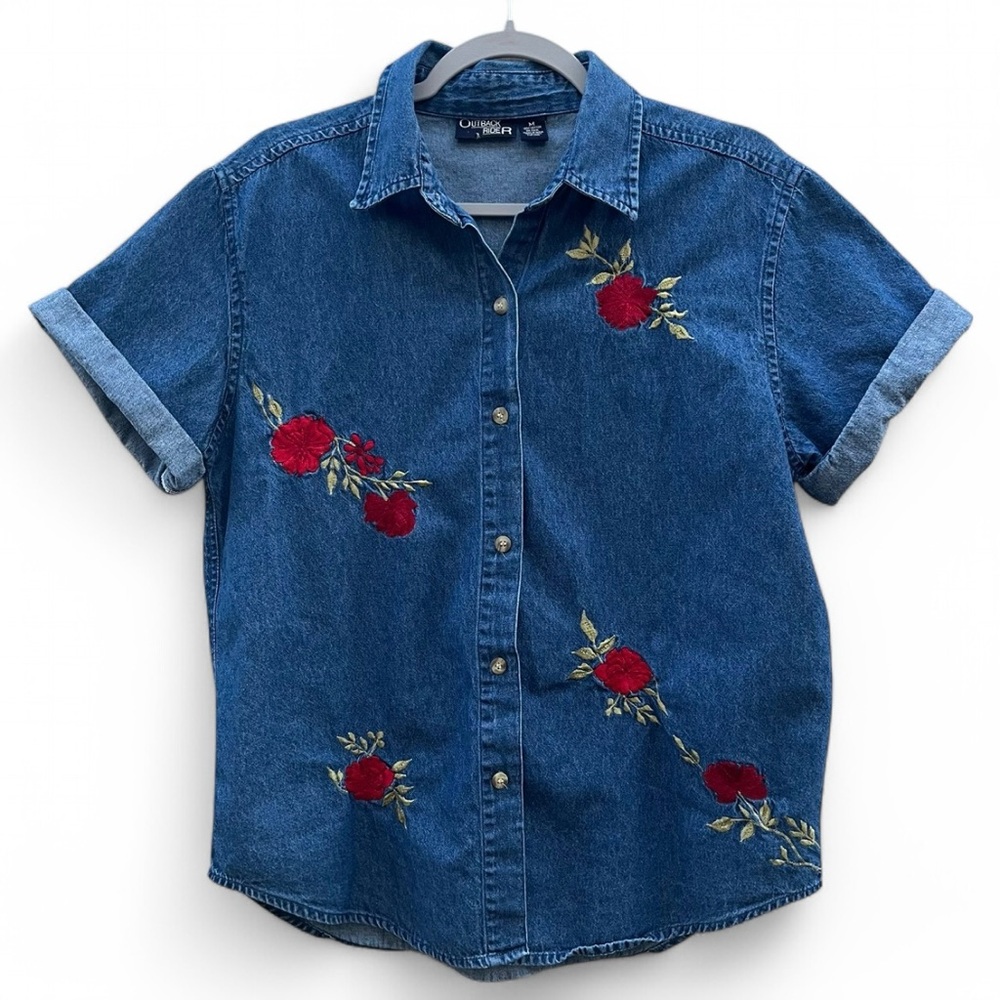 Outback Rider Denim Embroidered Button Up Shirt Short Sleeve Size Medium Floral